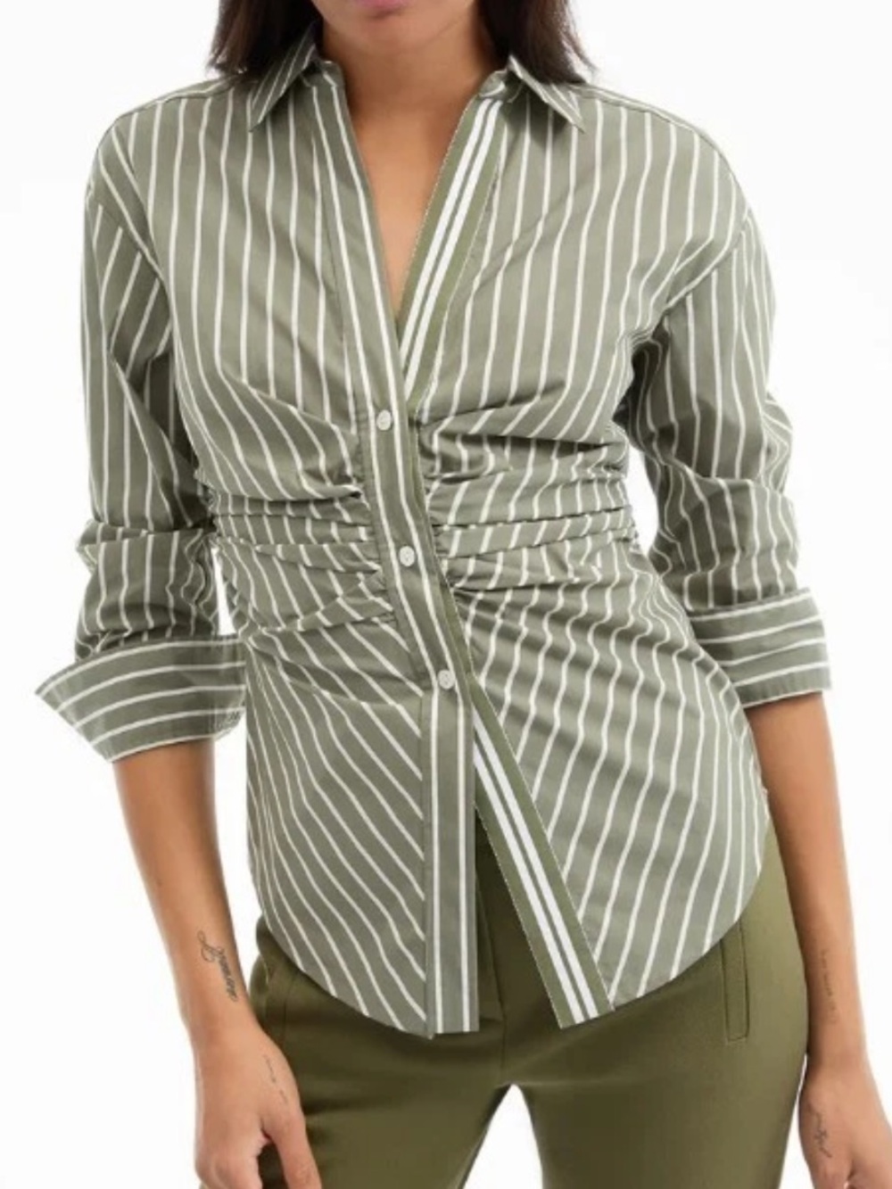Veronica Beard Devra Stripe Ruched Cotton Blend Button-Up Shirt